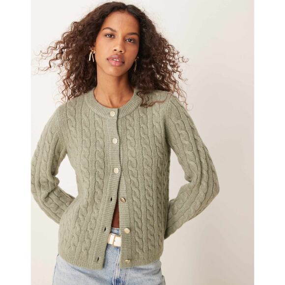 Abercrombie & Fitch Sweaters - Abercrombie & Fitch Cable Crew Cardigan Sweater Olive Green Gold Buttons Cozy S